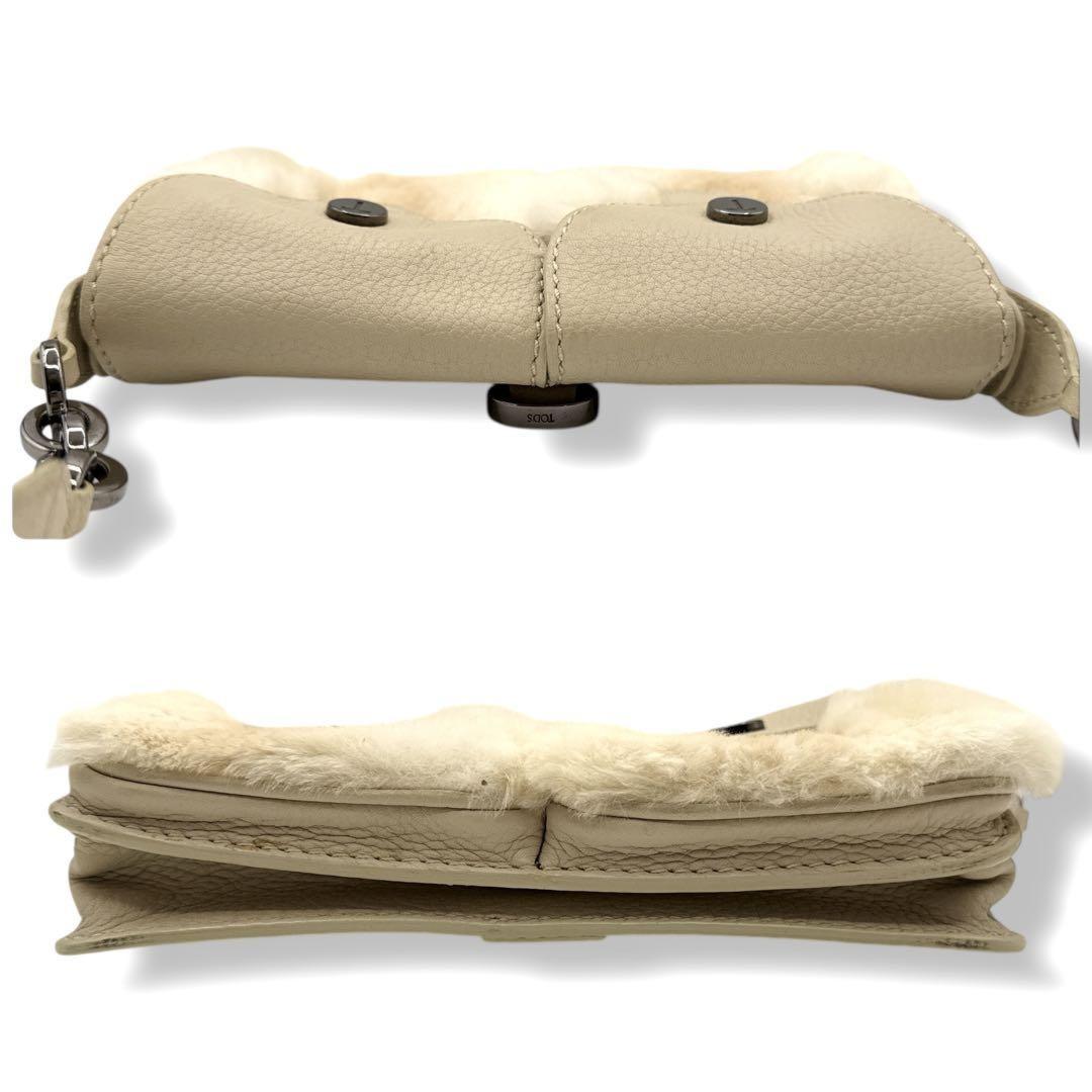 TOD'S Accessory Pouch Hand Bag Tote Purse Fur Leather Beige Authentic
