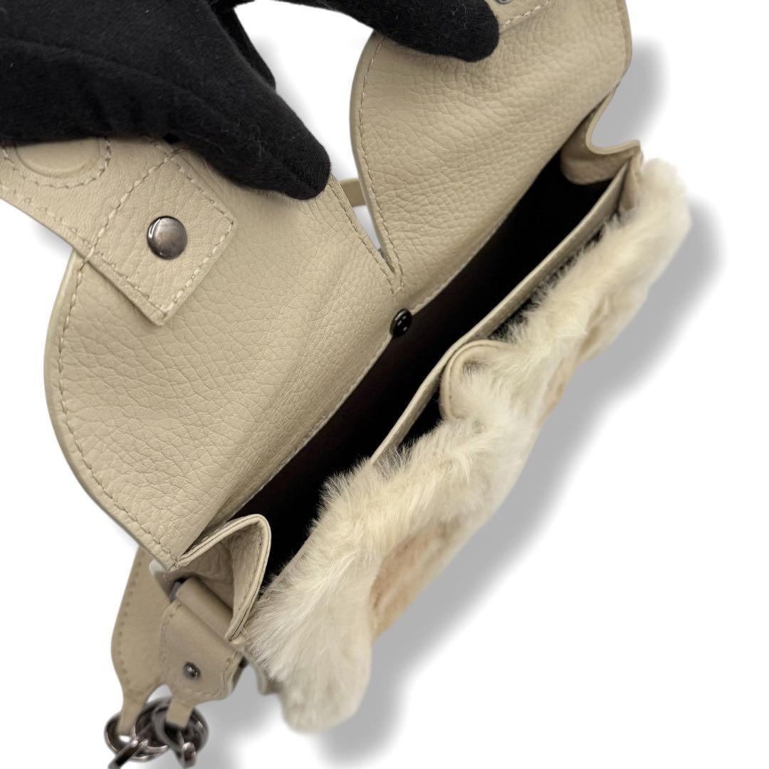 TOD'S Accessory Pouch Hand Bag Tote Purse Fur Leather Beige Authentic