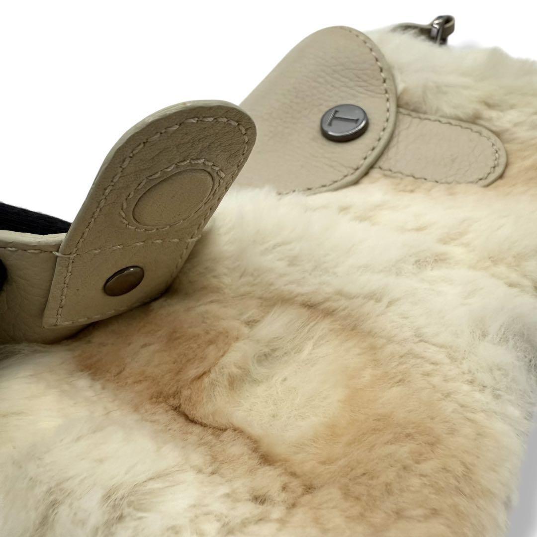 TOD'S Accessory Pouch Hand Bag Tote Purse Fur Leather Beige Authentic