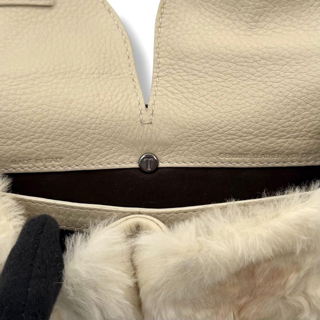 TOD'S Accessory Pouch Hand Bag Tote Purse Fur Leather Beige Authentic
