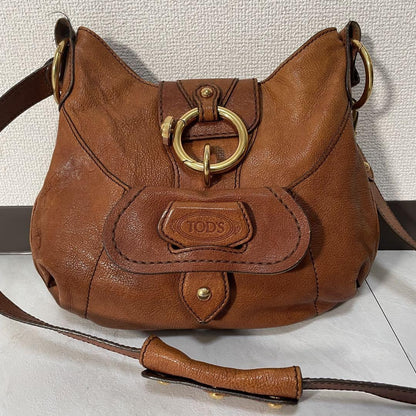 TOD'S Shoulder Bag Purse Logo Leather Brown Authentic