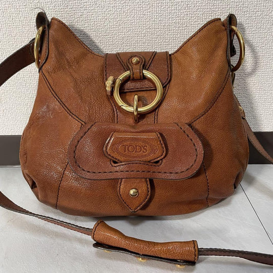 TOD'S Shoulder Bag Purse Logo Leather Brown Authentic