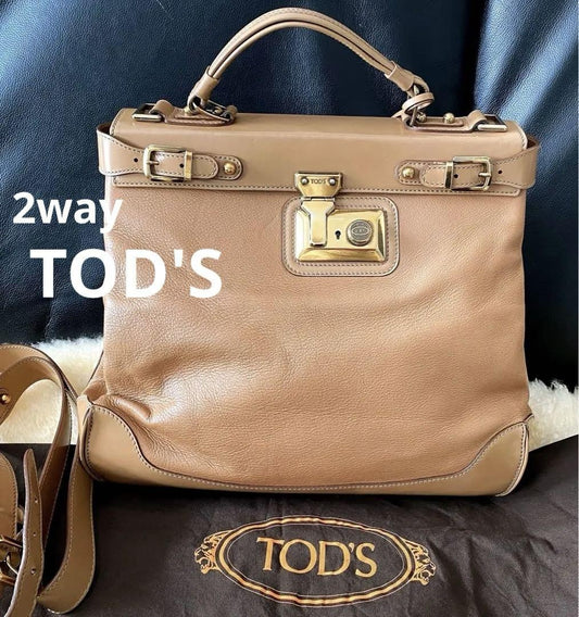 TOD'S Hand Shoulder Bag Tote Purse 2way Dokt Bag Leather Camel Authentic