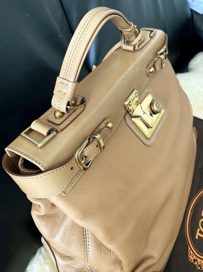 TOD'S Hand Shoulder Bag Tote Purse 2way Dokt Bag Leather Camel Authentic