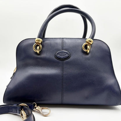 TOD'S Hand Shoulder Bag Tote Purse 2way Leather Dark Navy Purple Authentic