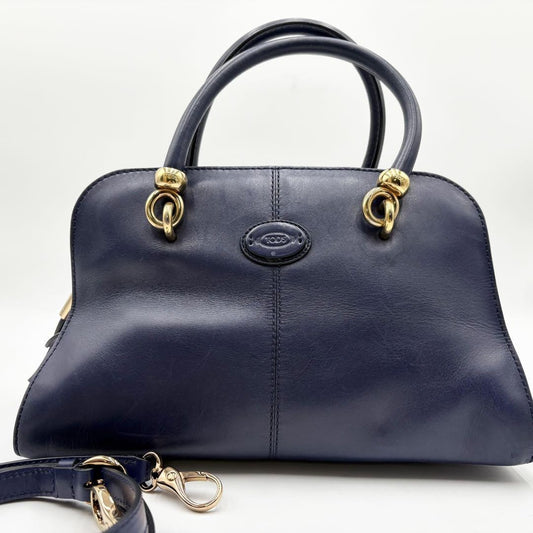 TOD'S Hand Shoulder Bag Tote Purse 2way Leather Dark Navy Purple Authentic