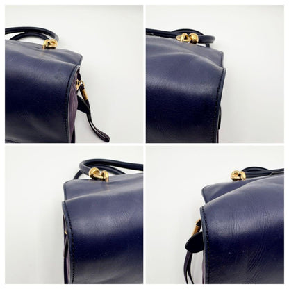 TOD'S Hand Shoulder Bag Tote Purse 2way Leather Dark Navy Purple Authentic