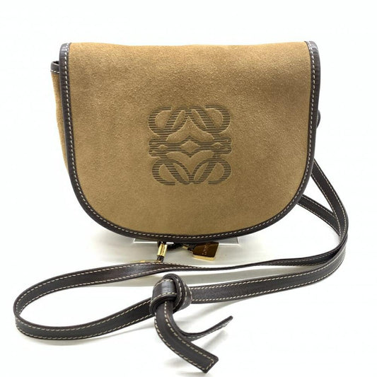 LOEWE Shoulder Bag Purse Anagram Suede Leather Brown Authentic