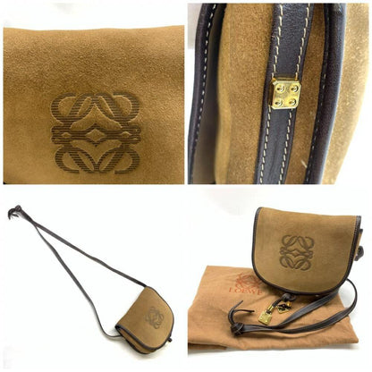 LOEWE Shoulder Bag Purse Anagram Suede Leather Brown Authentic