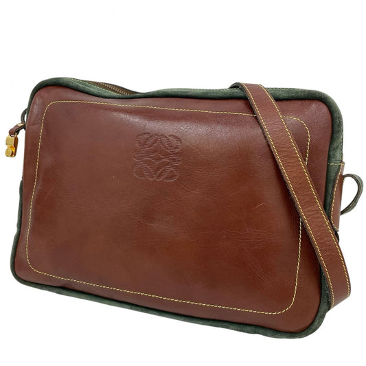 LOEWE Shoulder Bag Purse Anagram Leather Suede Brown Green Authentic