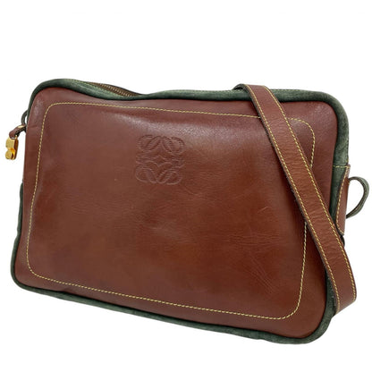 LOEWE Shoulder Bag Purse Anagram Leather Suede Brown Green Authentic