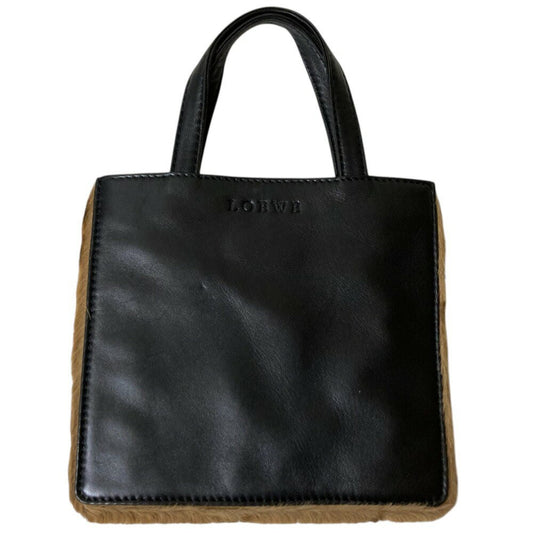 LOEWE Mini Hand Bag Tote Purse Logo Leather Black Brown Authentic
