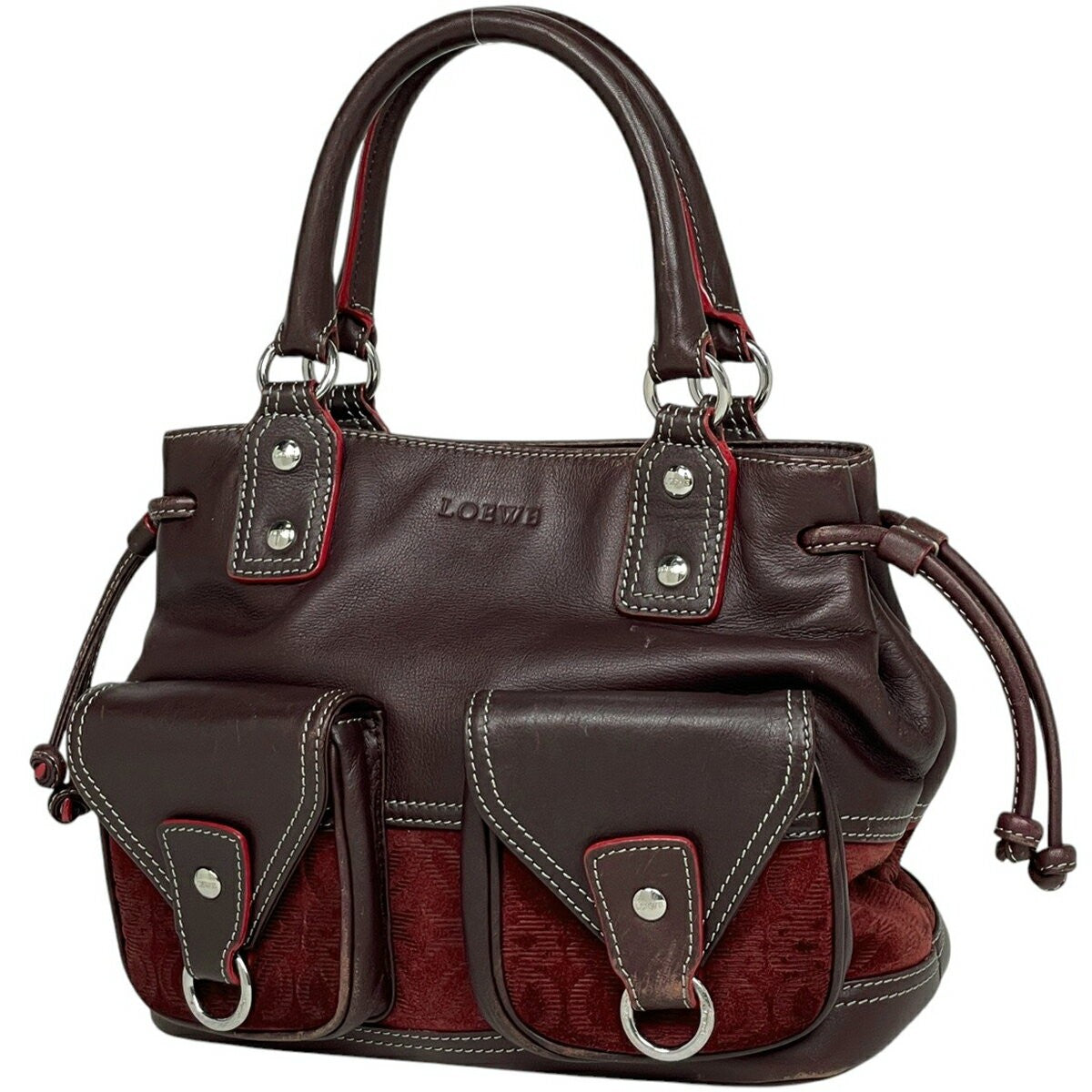 LOEWE Hand Bag Tote Purse Anagram Logo Leather Suede Bordeaux Authentic