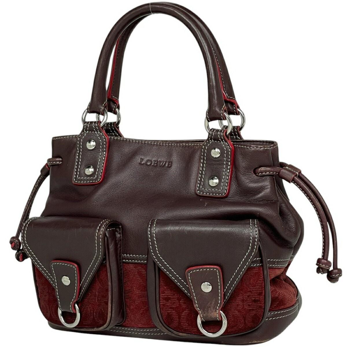 LOEWE Hand Bag Tote Purse Anagram Logo Leather Suede Bordeaux Authentic