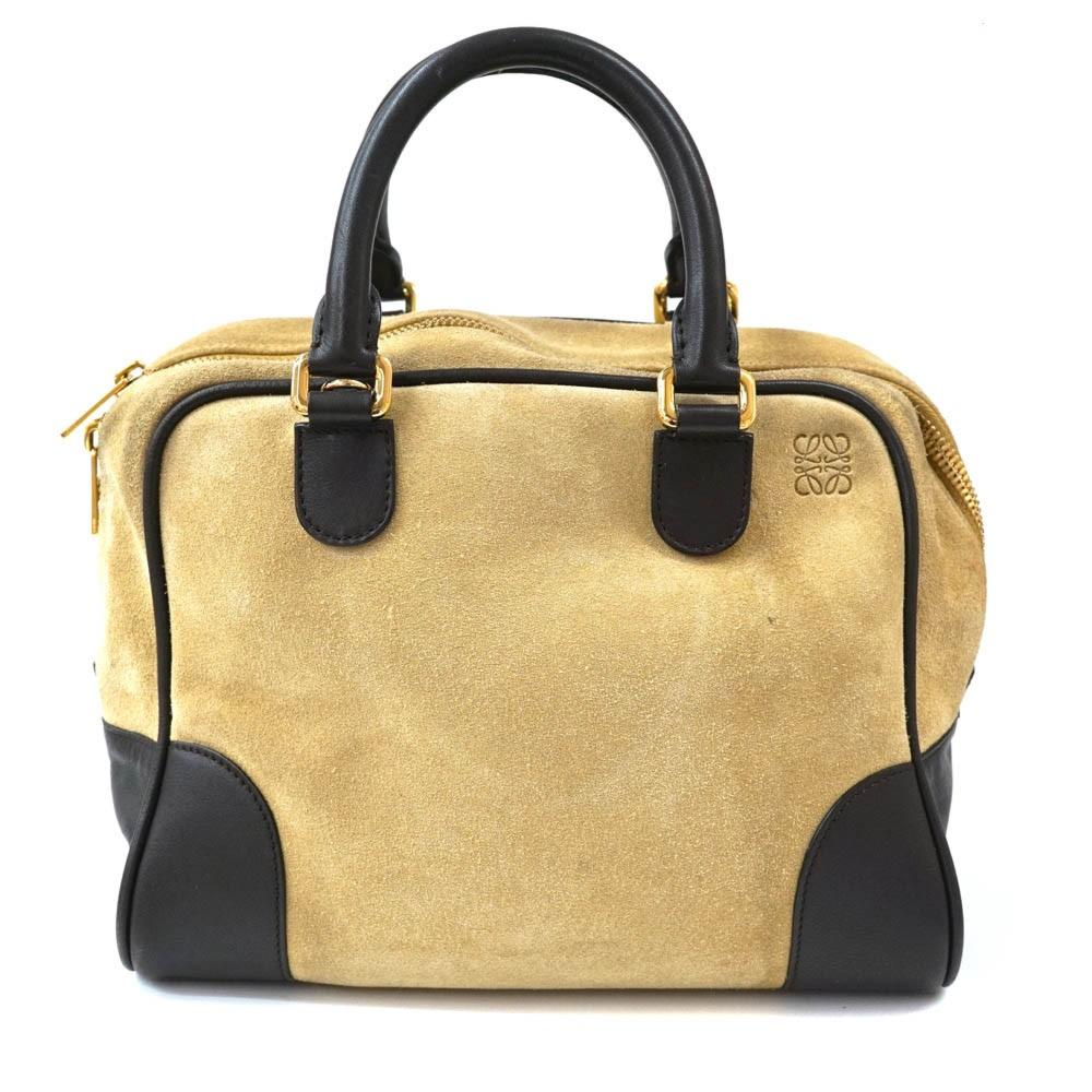 LOEWE Hand Bag Tote Purse Anagram Suede Leather Beige Authentic