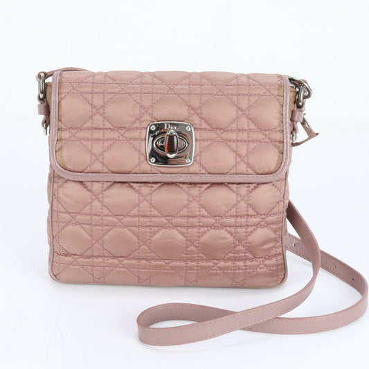 Christian Dior Shoulder Bag Purse Cannage Nylon Leather Pink Authentic