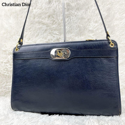 Christian Dior Shoulder Bag Purse Logo Leather Dark Navy Authentic