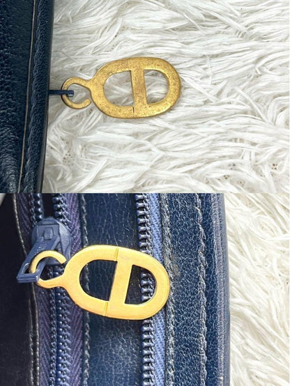 Christian Dior Shoulder Bag Purse Logo Leather Dark Navy Authentic