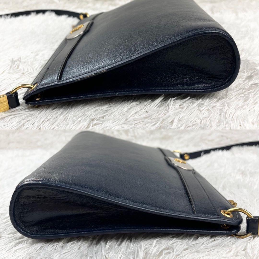 Christian Dior Shoulder Bag Purse Logo Leather Dark Navy Authentic