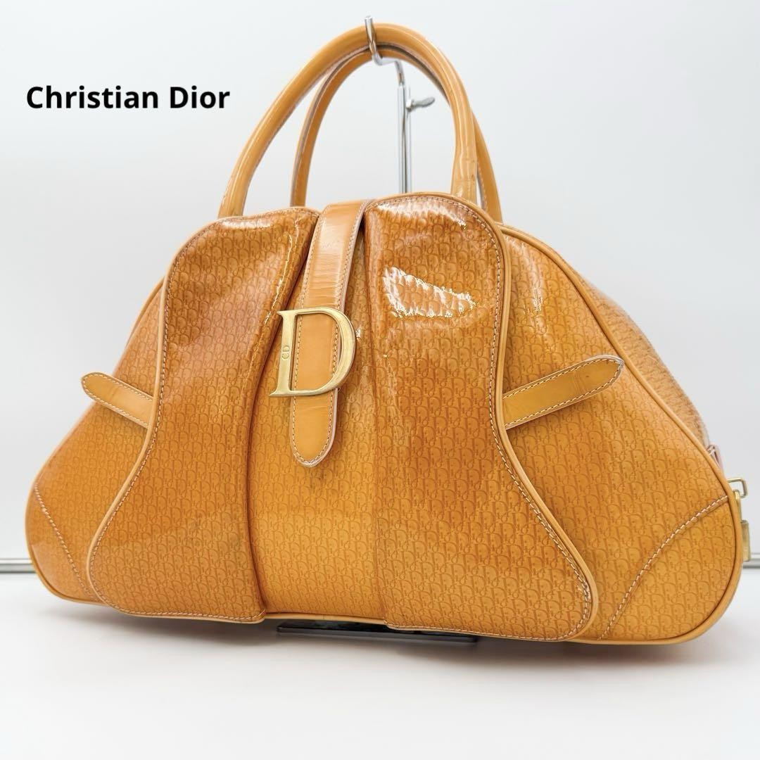 Christian Dior Hand Bag Tote Purse Trotter Patent Leather Orange Authentic