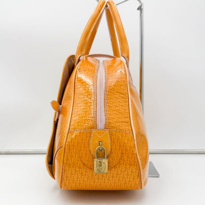 Christian Dior Hand Bag Tote Purse Trotter Patent Leather Orange Authentic