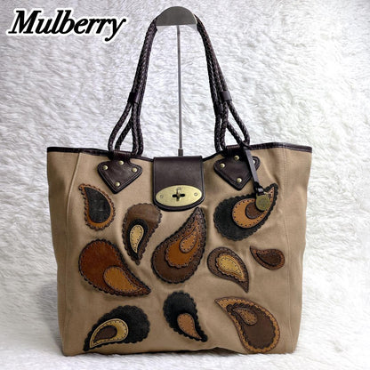 MULBERRY Hand Bag Tote Purse Turn Lock Canvas Leather Authentic