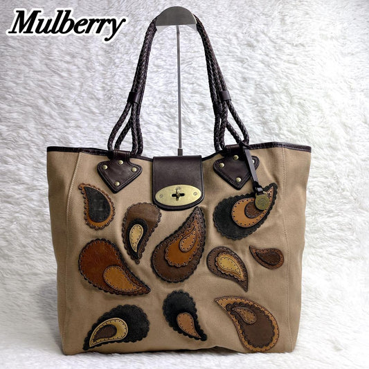 MULBERRY Hand Bag Tote Purse Turn Lock Canvas Leather Authentic