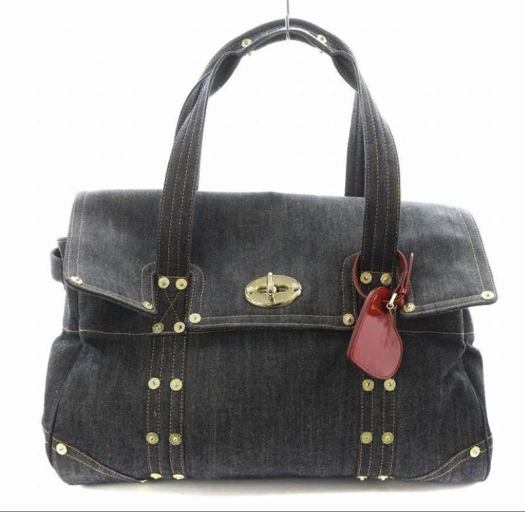 MULBERRY Boston Hand Bag Tote Purse Turn Lock Denim Navy Indigo Authentic
