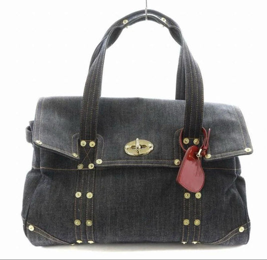 MULBERRY Boston Hand Bag Tote Purse Turn Lock Denim Navy Indigo Authentic