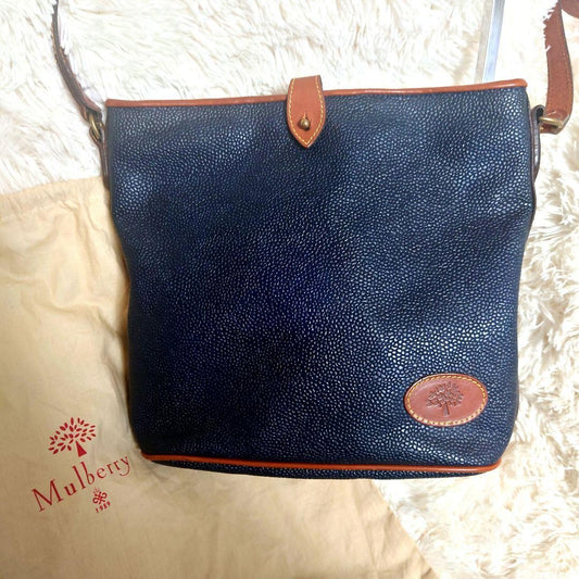 MULBERRY Shoulder Bag Purse Leather Navy Camel Authentic