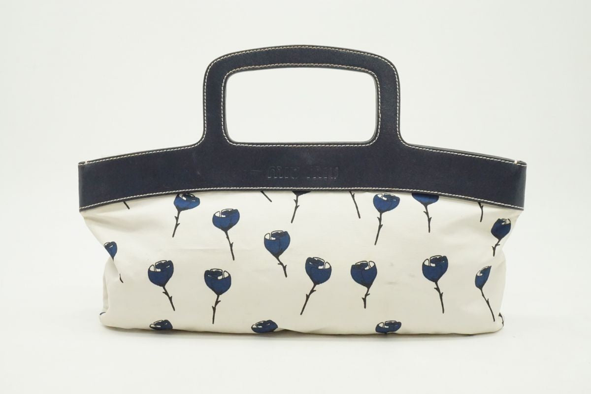 MIU MIU Hand Bag Tote Purse Leather Nylon Canvas Navy Authentic
