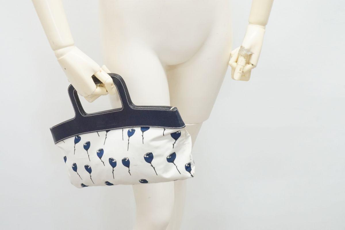 MIU MIU Hand Bag Tote Purse Leather Nylon Canvas Navy Authentic