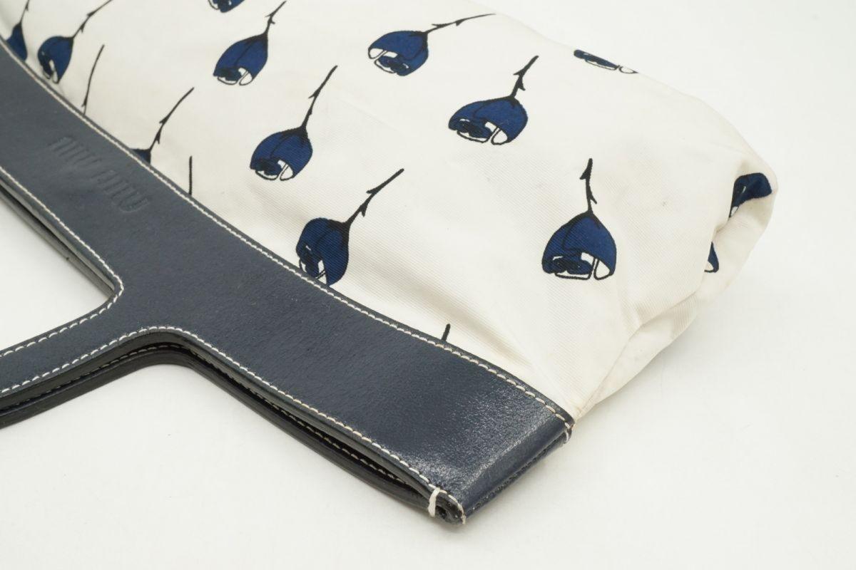 MIU MIU Hand Bag Tote Purse Leather Nylon Canvas Navy Authentic