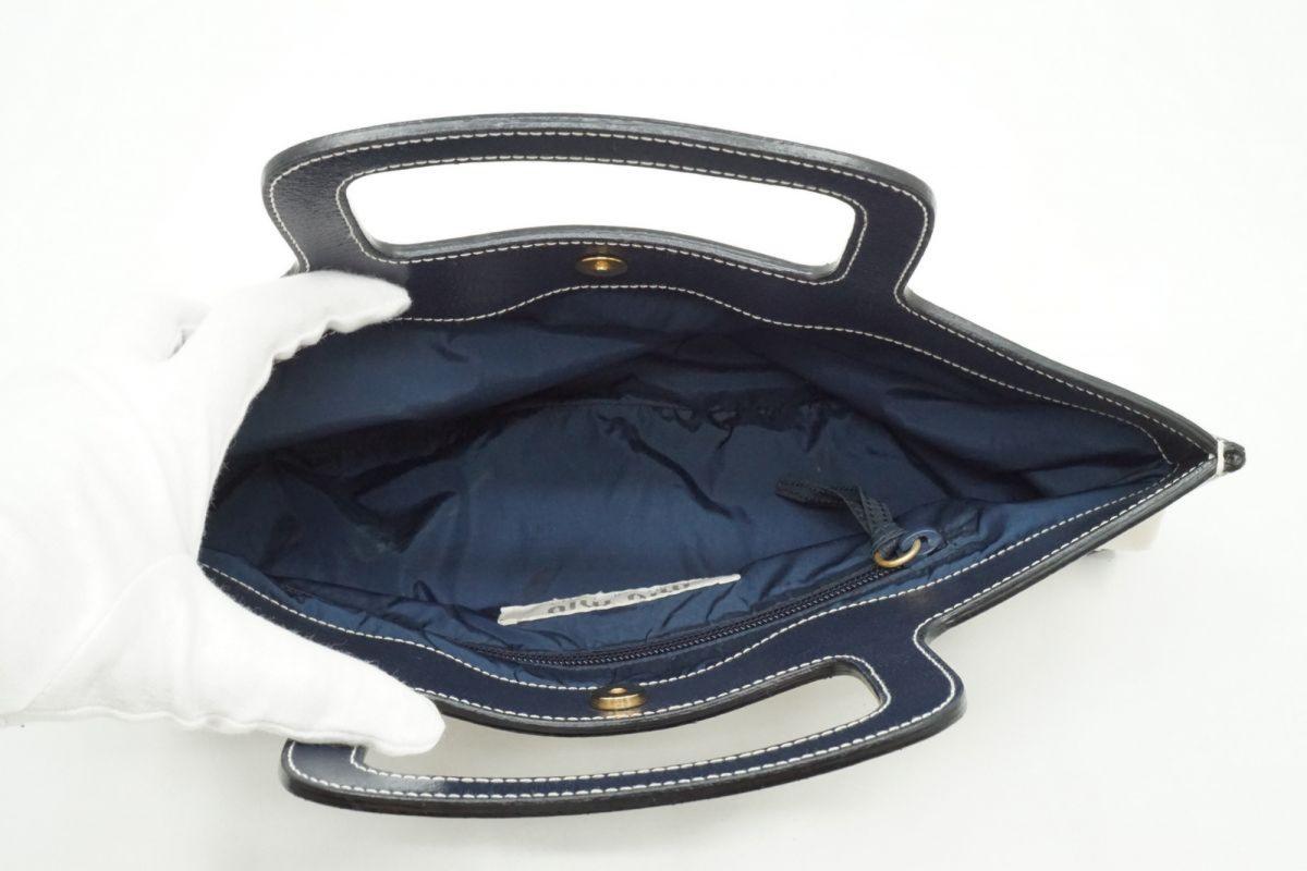 MIU MIU Hand Bag Tote Purse Leather Nylon Canvas Navy Authentic