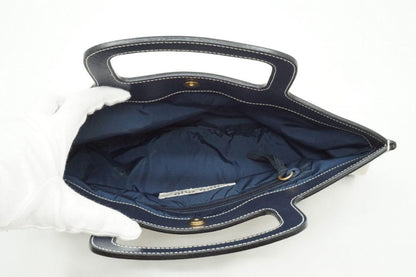 MIU MIU Hand Bag Tote Purse Leather Nylon Canvas Navy Authentic