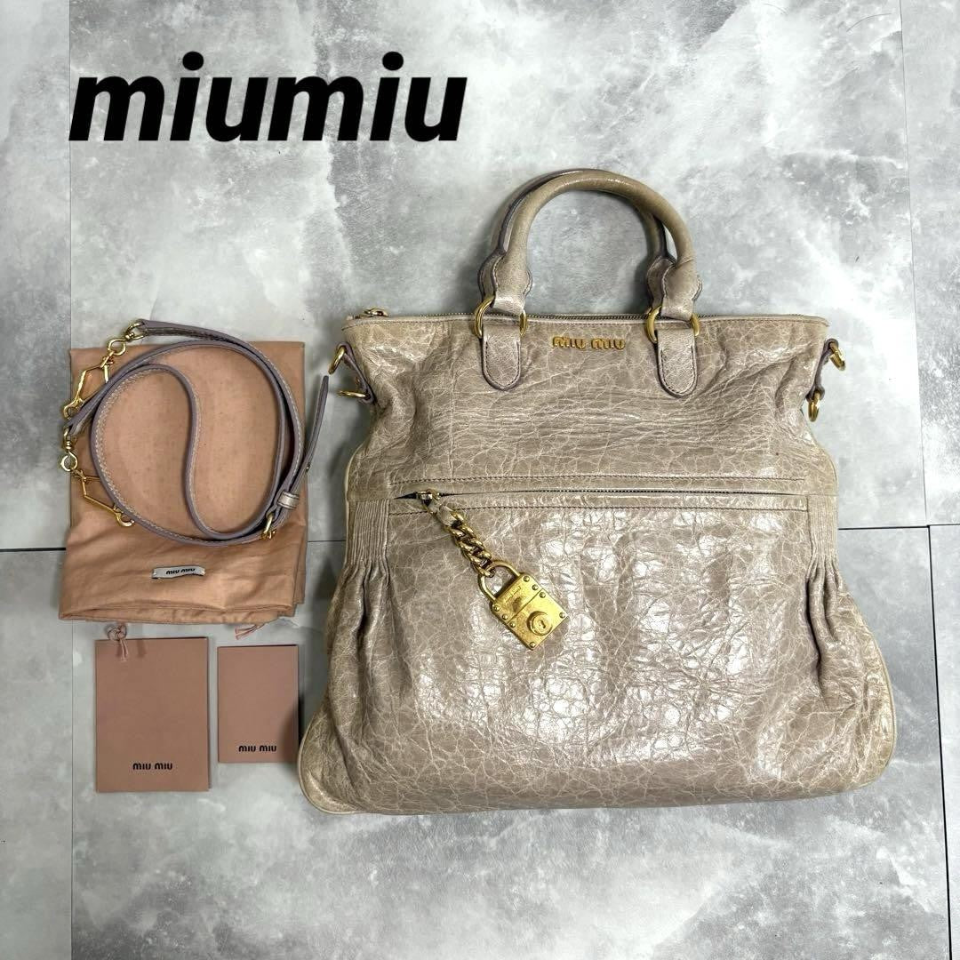 MIU MIU Hand Shoulder Bag Tote Purse 2way Logo Leather Gray Authentic