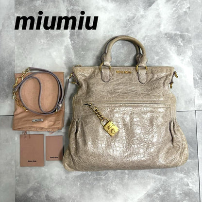 MIU MIU Hand Shoulder Bag Tote Purse 2way Logo Leather Gray Authentic
