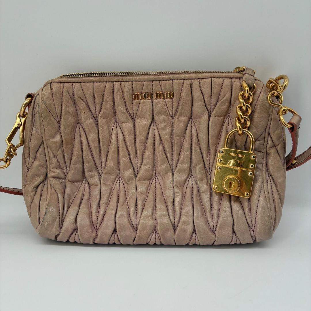 MIU MIU Accessory Pouch Shoulder Bag Purse Matelasse Logo Pink Authentic