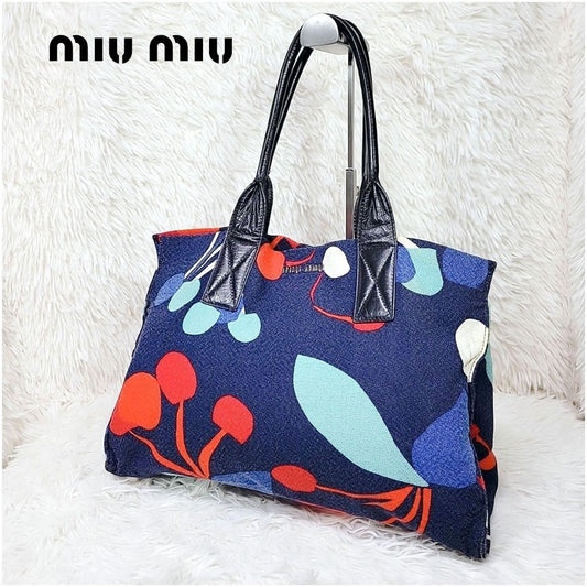 MIU MIU Hand Bag Tote Purse Logo Canvas Leather Multicolor Authentic