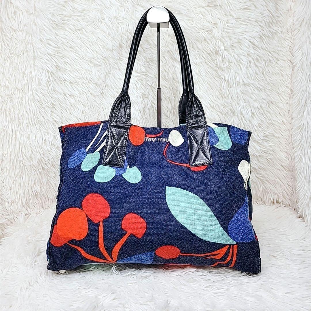 MIU MIU Hand Bag Tote Purse Logo Canvas Leather Multicolor Authentic