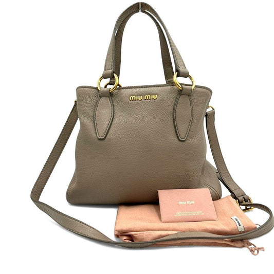 MIU MIU Hand Shoulder Bag Tote Purse 2way Logo Leather Gray Authentic