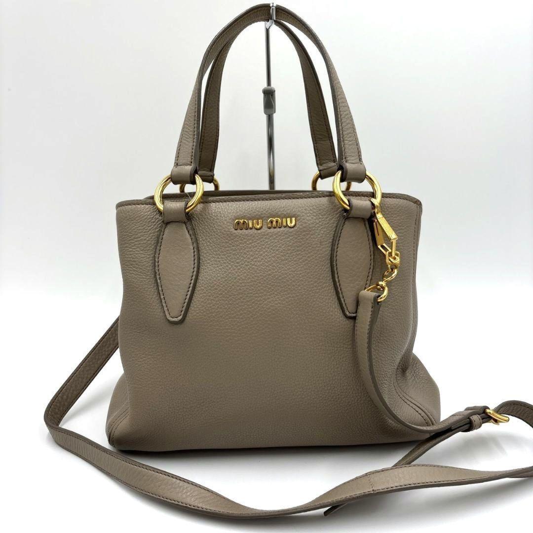 MIU MIU Hand Shoulder Bag Tote Purse 2way Logo Leather Gray Authentic