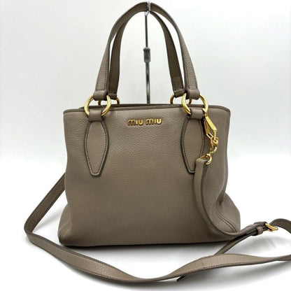 MIU MIU Hand Shoulder Bag Tote Purse 2way Logo Leather Gray Authentic