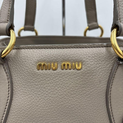 MIU MIU Hand Shoulder Bag Tote Purse 2way Logo Leather Gray Authentic