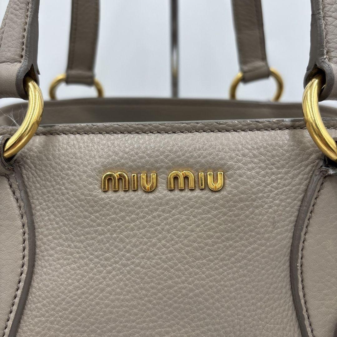 MIU MIU Hand Shoulder Bag Tote Purse 2way Logo Leather Gray Authentic