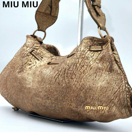 MIU MIU Shoulder Bag Purse Logo Leather Gold Authentic
