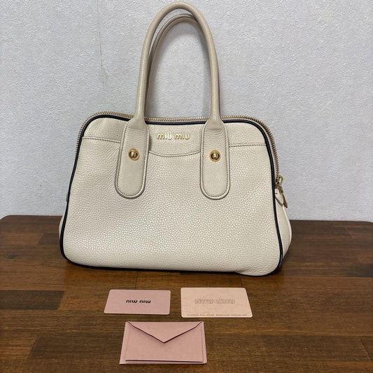 MIU MIU Hand Bag Tote Purse Logo Leather Off White Authentic