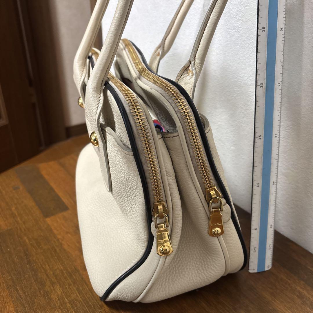MIU MIU Hand Bag Tote Purse Logo Leather Off White Authentic