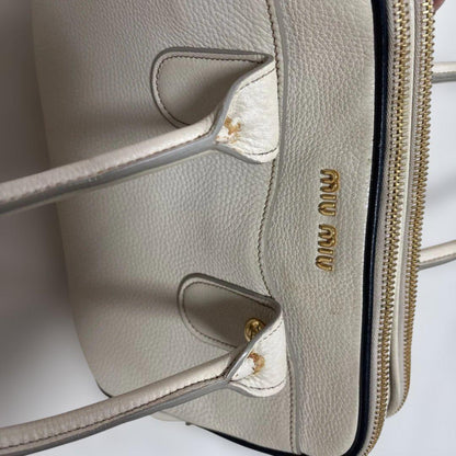 MIU MIU Hand Bag Tote Purse Logo Leather Off White Authentic