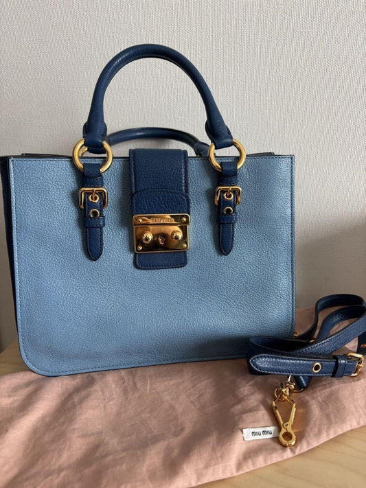 MIU MIU Hand Bag Tote Purse Logo Blue Light Blue Authentic